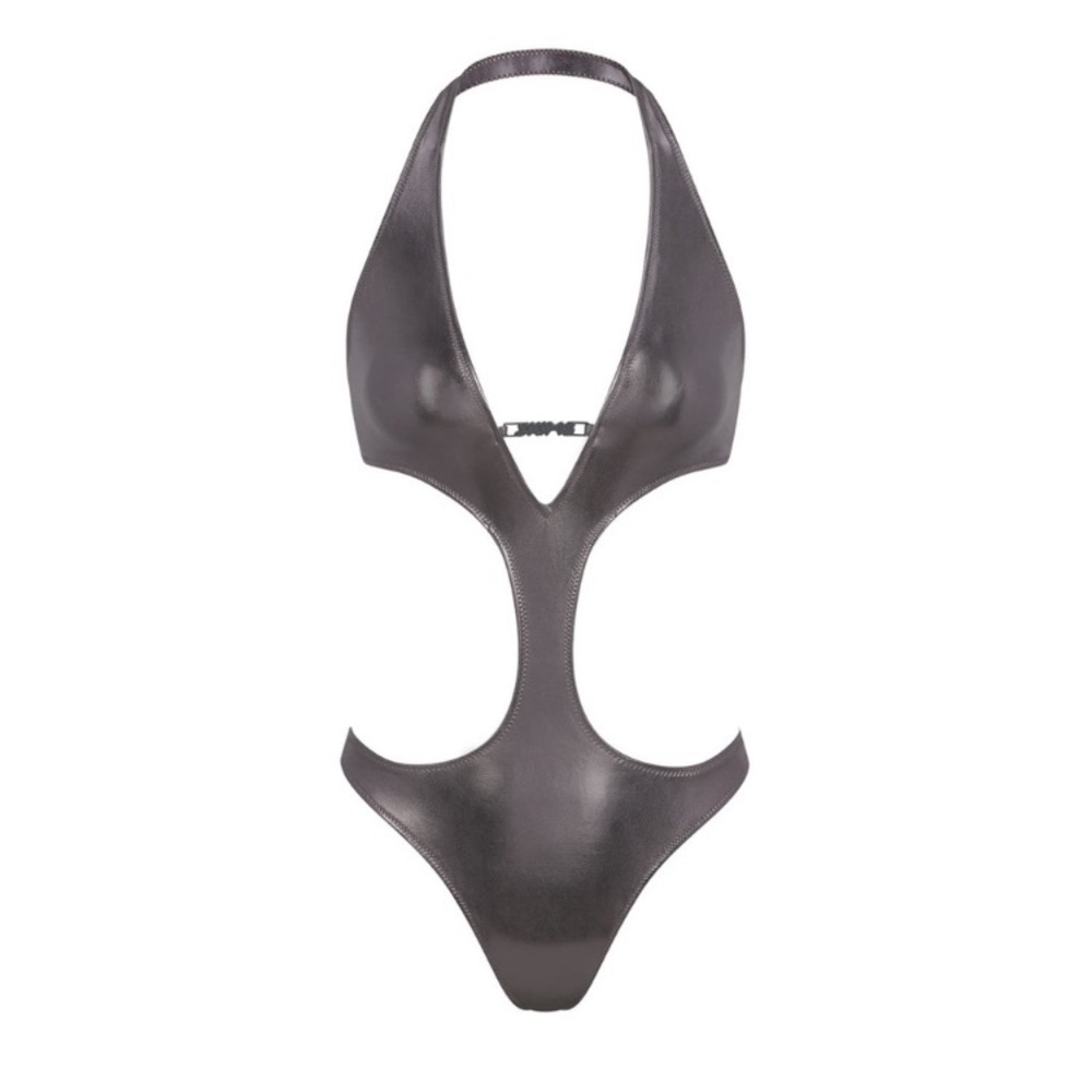 New SKIMS Metallic Swim Halter Monokini Carbon XXS & 3X Cut Out Gray